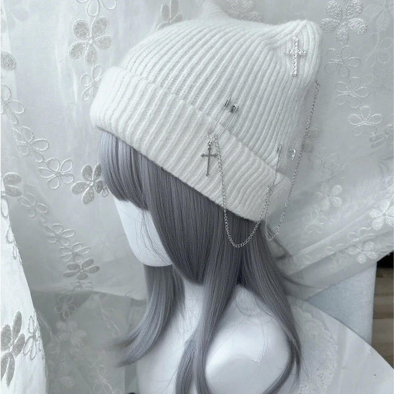 Detachable Cross Pin Chain Cat Ear Beanie For Women Solid Color Ribbed Knit With Folded Edge Cute&Cool Thick&Warm Pull-On Hat