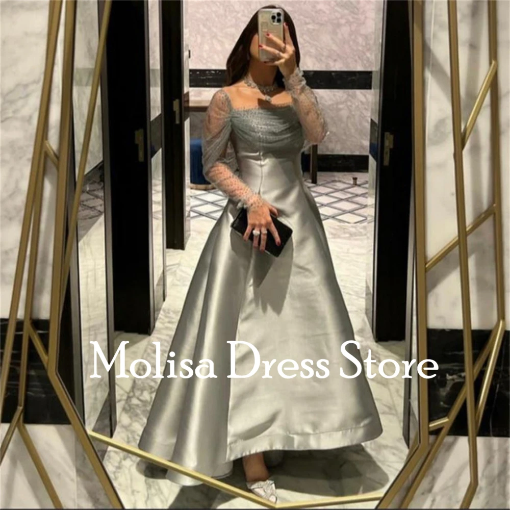 Fashion Gray Square Collar A-Line Satin Formal Occasion Prom Dresses Floor-length Women Evening Party Dress  فساتين السهرة