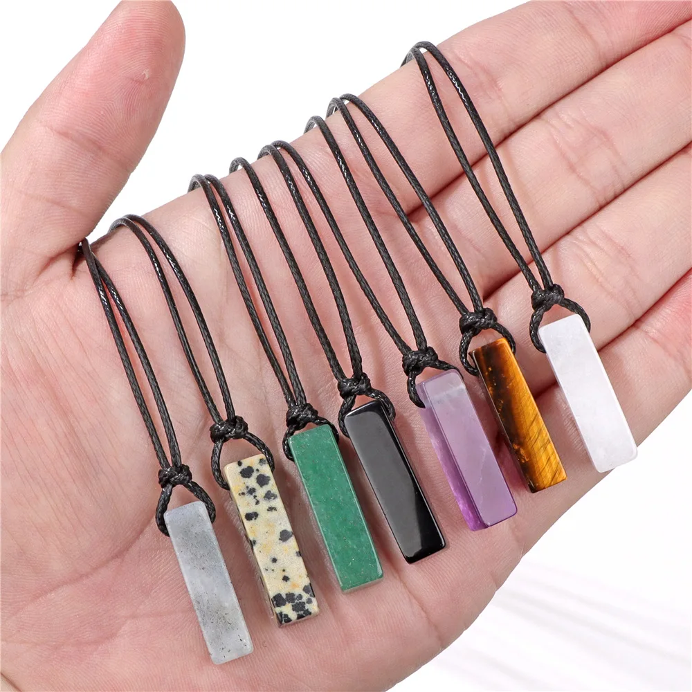 Rectangle Natural Stone Necklaces For Women Dalmation Obsidian Pendant Necklaces Black Leather Chain Men Fashion Jewelry Gift