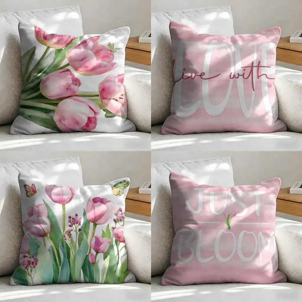 Pink Tulip Blossom Design Cushion Cover Soft Short Plush Pillow Cover Smooth Cozy Texture Aesthetic Cushion Case Home Decor