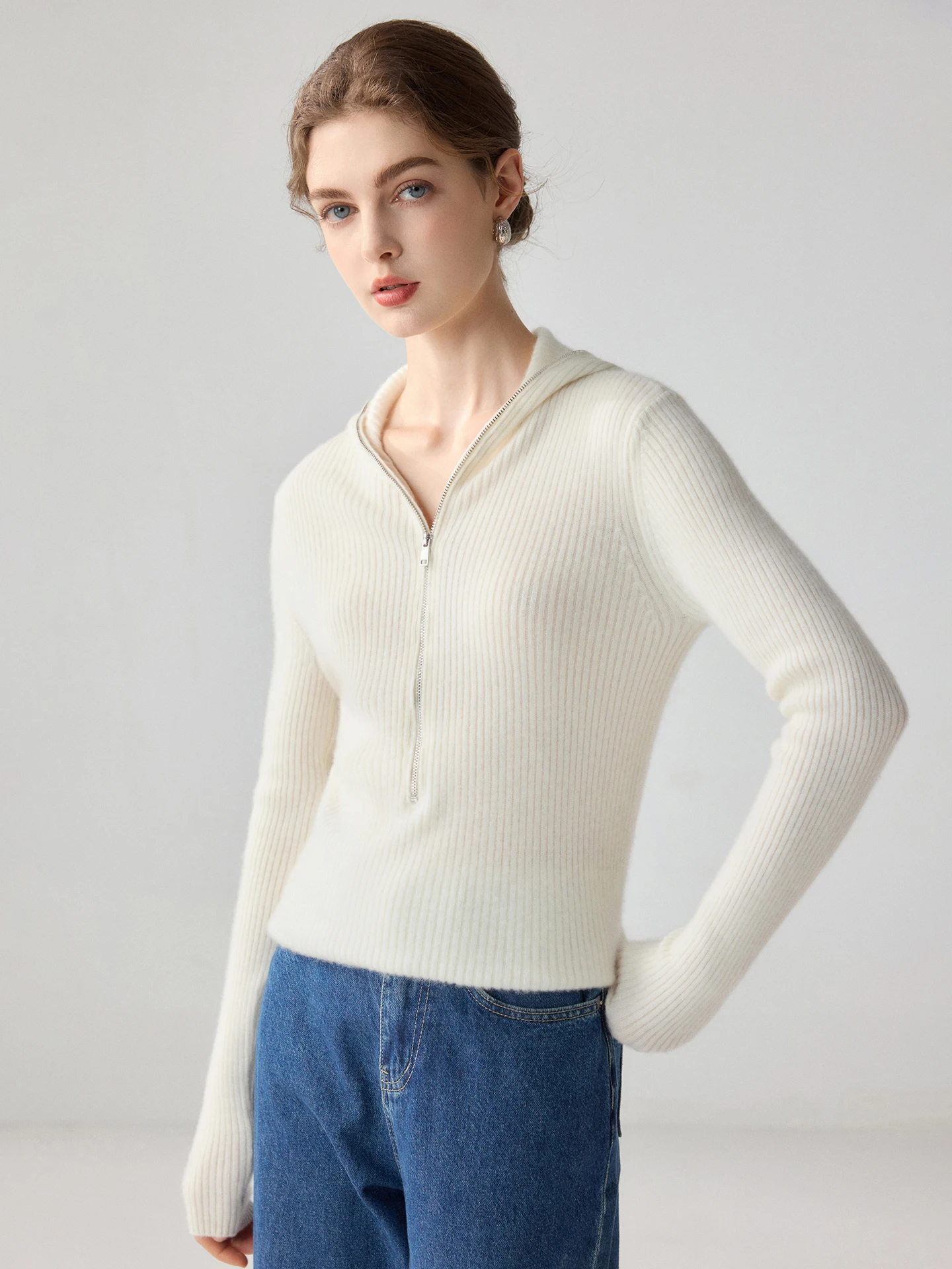TLOML Women's 100% Cashmere Sweater Solid Half-zip Hoodie Pullover Cashmere Knitwear Autumn Winter Soft Warm Comfy Casual Tops
