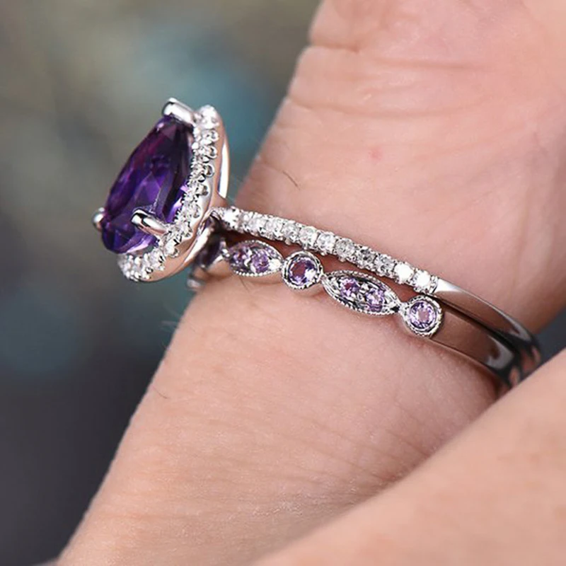 Huitan Charming Pear Purple Cubic Zircon Set Rings for Women Wedding Party Temperament Elegant Lady Accessories Fashion Jewelry view 4