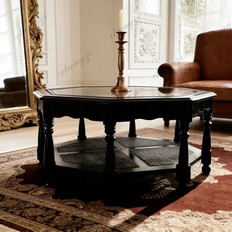 A73 French retro solid wood tea octagon glass desktop living room black rattan coffee table