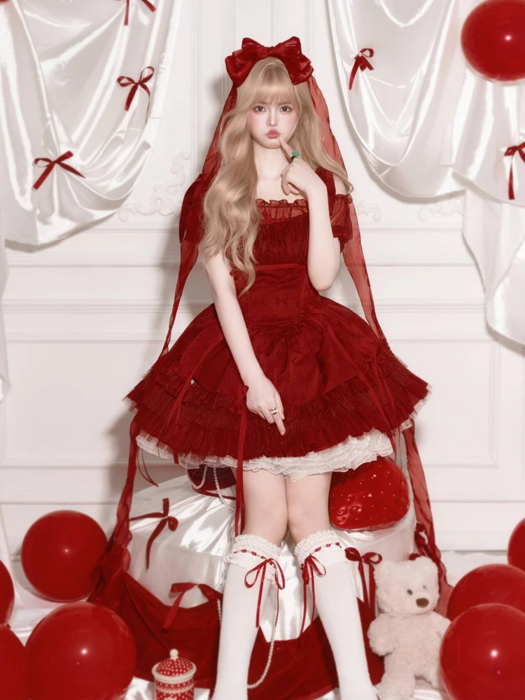 

Dreamy Party Sweet Princess Style Red Lolita Birthday Individual Photography Artistic Portrait Costume Stage Performance Wear