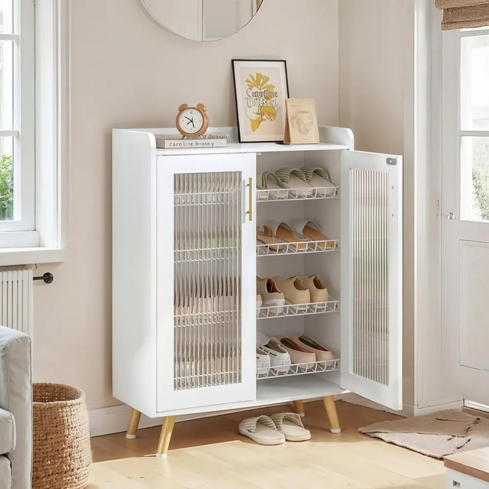 

Stylish White Shoe Cabinet with Doors - 4-Tier Shoe Storage Organizer with Shelves & Metal Legs for Entryway and Hallway