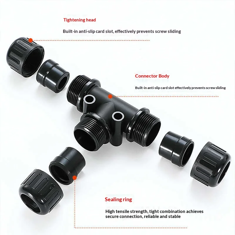 Bellows Waterproof Connector T-shaped Tee Nylon Plastic PA66 Hhose Wave-proof Pipe Connector Grand Lock IP68 Waterproof  Dust
