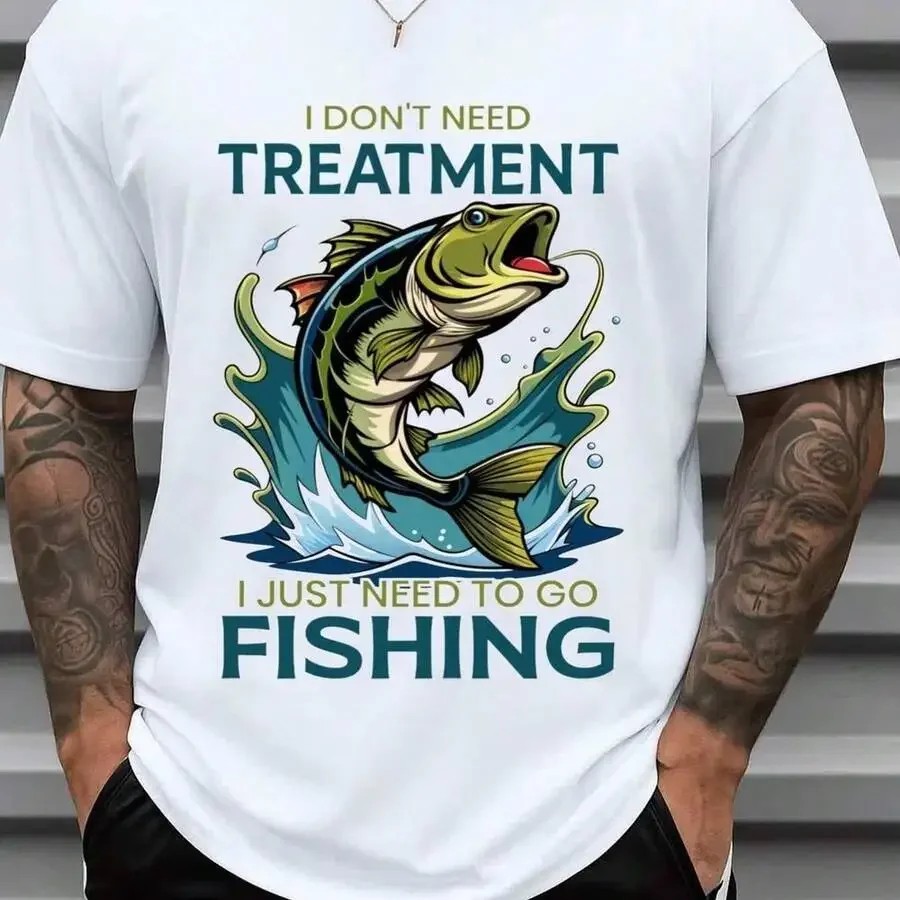 Men's G 100% Cotton Fishing Print T-Shirt - Short Sleeve Round Neck Casual Streetwear With Fishing Rod & Fishermen Net Design, A