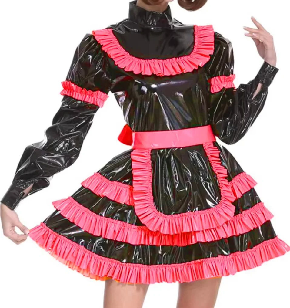 

French Sexy Adult Customized Fetishist Crossdressing Sissy Mid Neck Tight Cuff Independent Apron Pleated Long Sleeve Dress