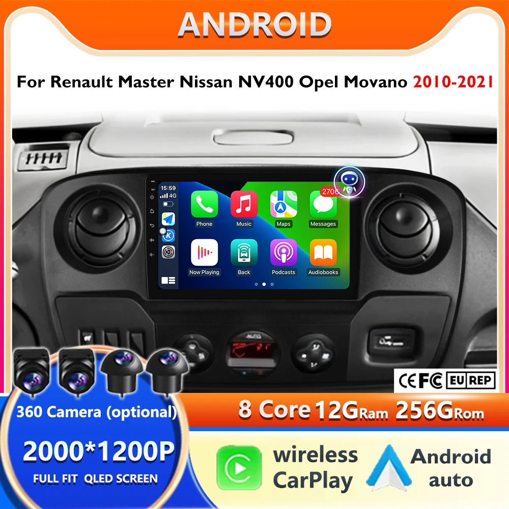 2din Android Auto For Nissan NV400 Opel Movano Renault Master III 3 2010 - 2021 Car Radio Multimedia Wireless Carplay Android 16