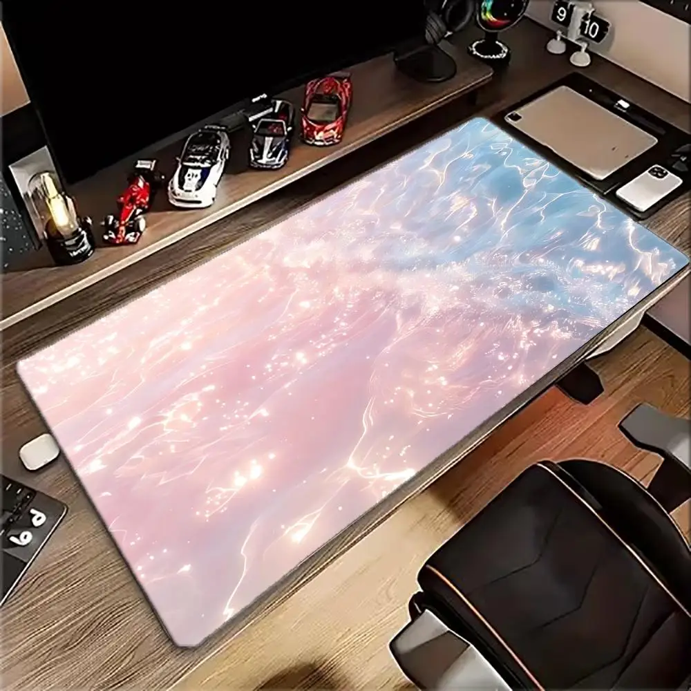 Pink Blue Shimmer Water Surface Aesthetic Mouse Pad Large Extended Desk Pad Gradient Glitter Sea Wave Gaming PC Office Desk Mat