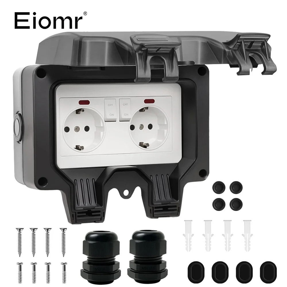 

EIOMR IP66 Waterproof 2 Gang Outdoor Socket, Heavy Duty Weatherproof Electrical Outlet with Switch, Universal Plug for FR/EU/UK