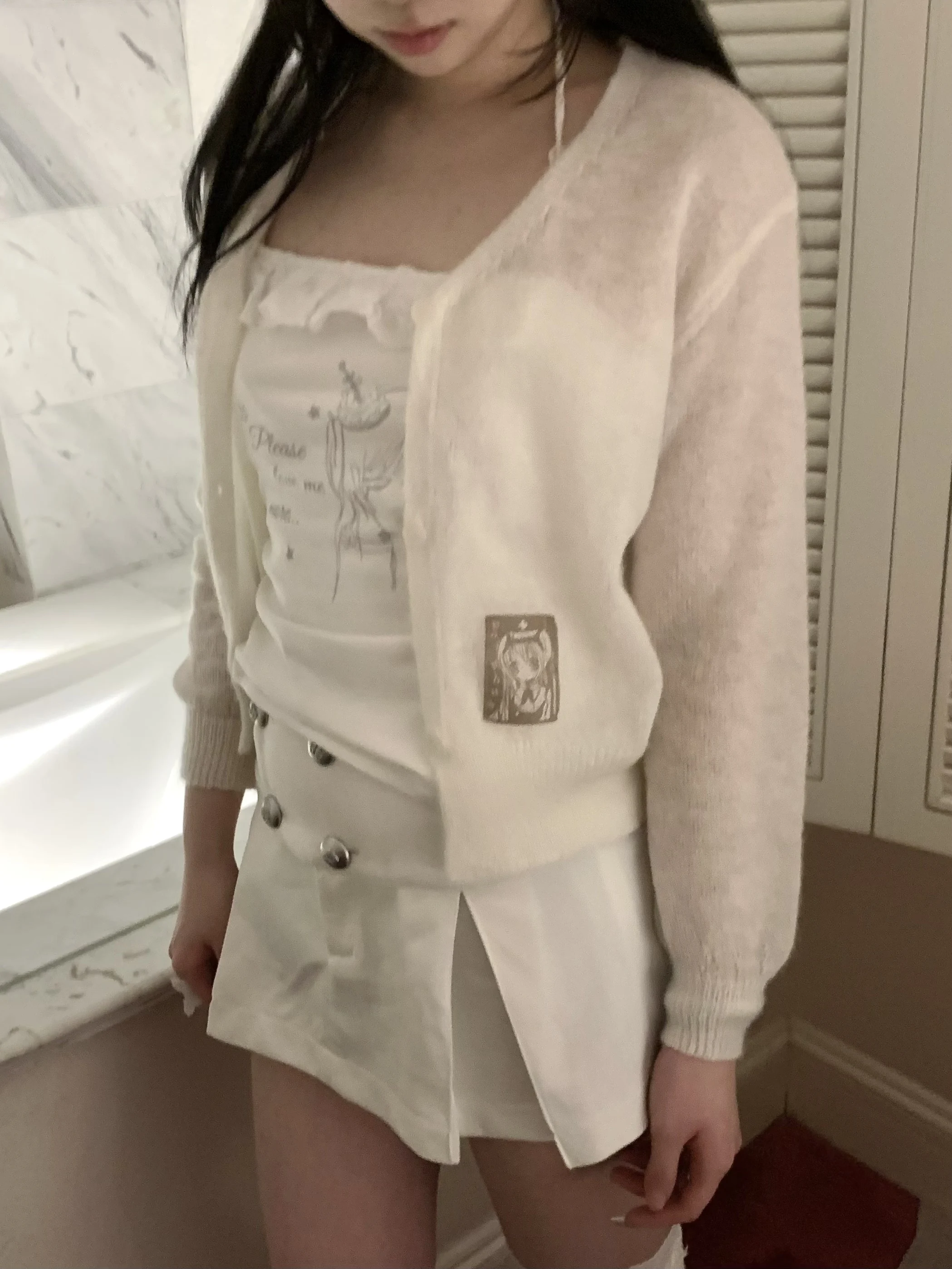 

Spring Season Dual Color V-Neck Bubble Bus Hollow out Knitted Cardigan Cartoon Pattern Versatile Women's Loose Fit Sweater