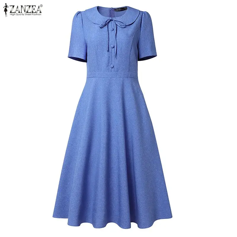 ZANZEA-vestido elegante de verano para mujer, Vestidos de oficina para mujer, vestido veraniego de manga corta con cuello de muñeca, vestido Midi liso, Vestidos de fiesta de línea A 2026