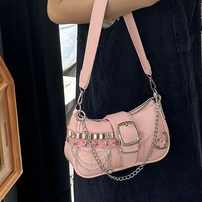 

Fashion Y2K sweet cool women lightweight PU leather shoulder bag retro design vintage chain small chain tramp handbag 2026 new