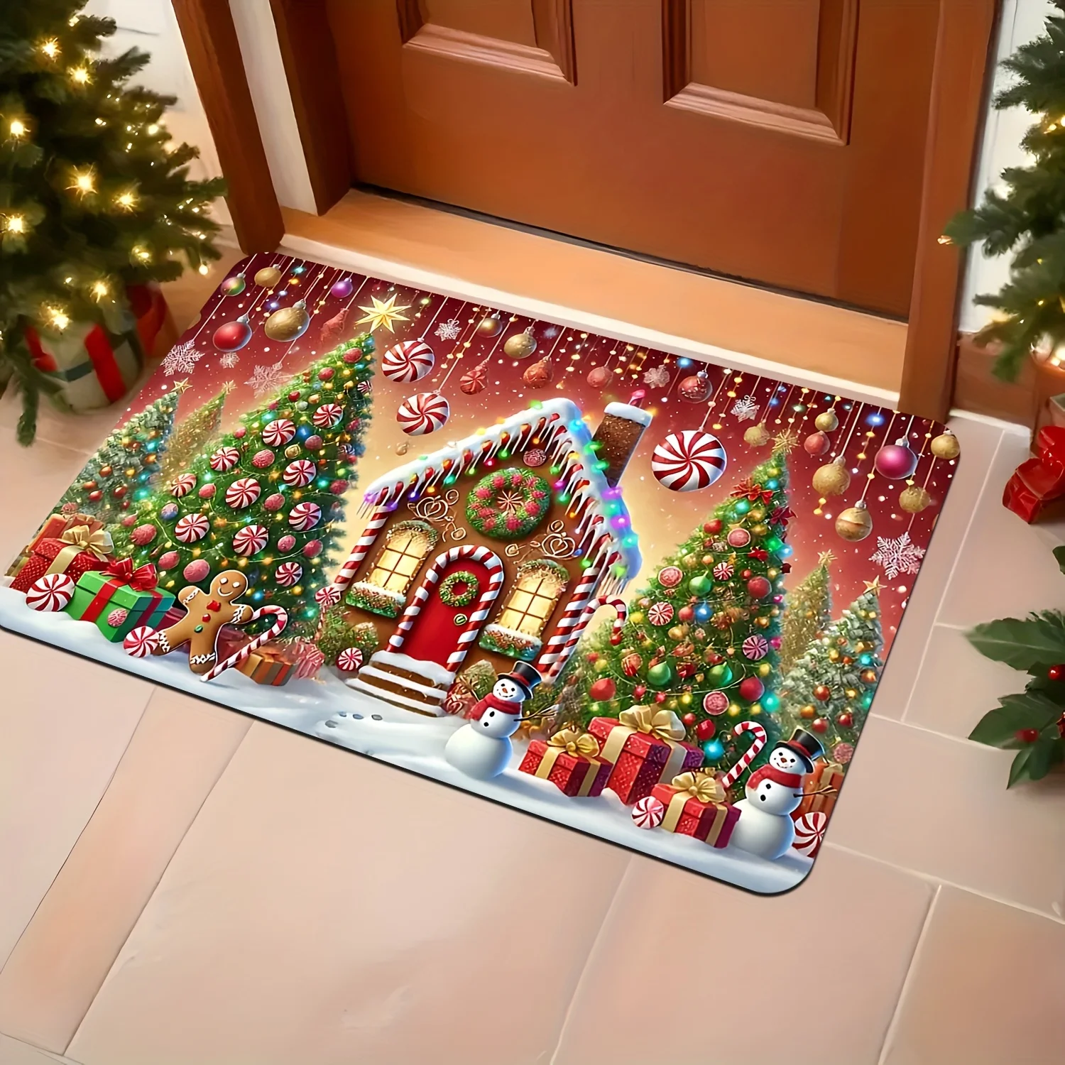 1pc Christmas Gingerbread‑House Gift‑Box Snowman Print Doormat, Machine‑Washable Floor Mat for Living Room, Bedroom, Kitchen