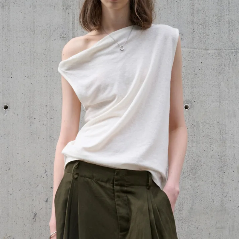 الفرنسية الكتان القطن غير النظامية واحدة الكتف تي شيرت للنساء الصيف بلا أكمام موضة جديدة غير رسمية شارع العليا مكتب سيدة القمم