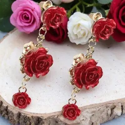 

Three Dimensional Earrings Flower Earrings For Women Red Rose Dangle Vintage Women Jewelry Party Accessories Christmas Gift