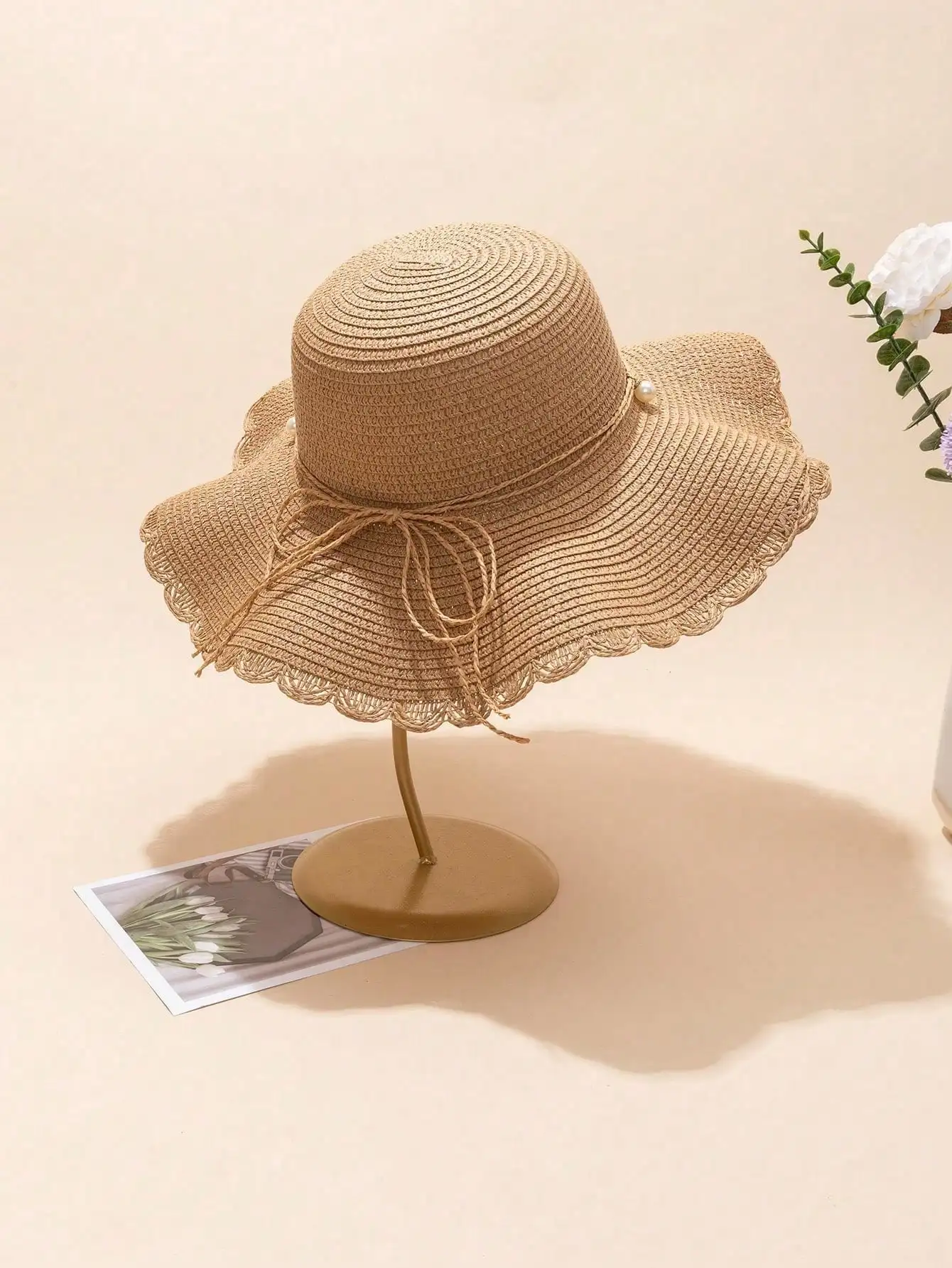 1pc Women's Khaki Wave Beach Sun Hat With Faux Pearl & Bowknot Detail, Elegant Beach Travel Vacation Sun Hat