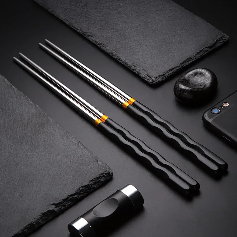 Reusable Black Gold Chopsticks Set Stainless Steel Non-Slip Japanese Food Chinese Korean Metal Chop Sticks Dishwasher Safe