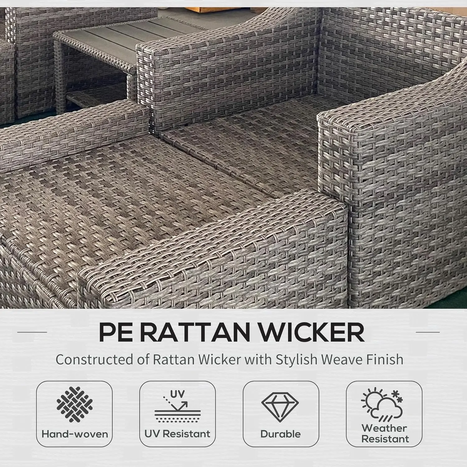 Patio Furniture Set, All Weather PE Rattan Conversation Chair, and Ottoman Set with Coffee Table, Cushions & Pillows Included