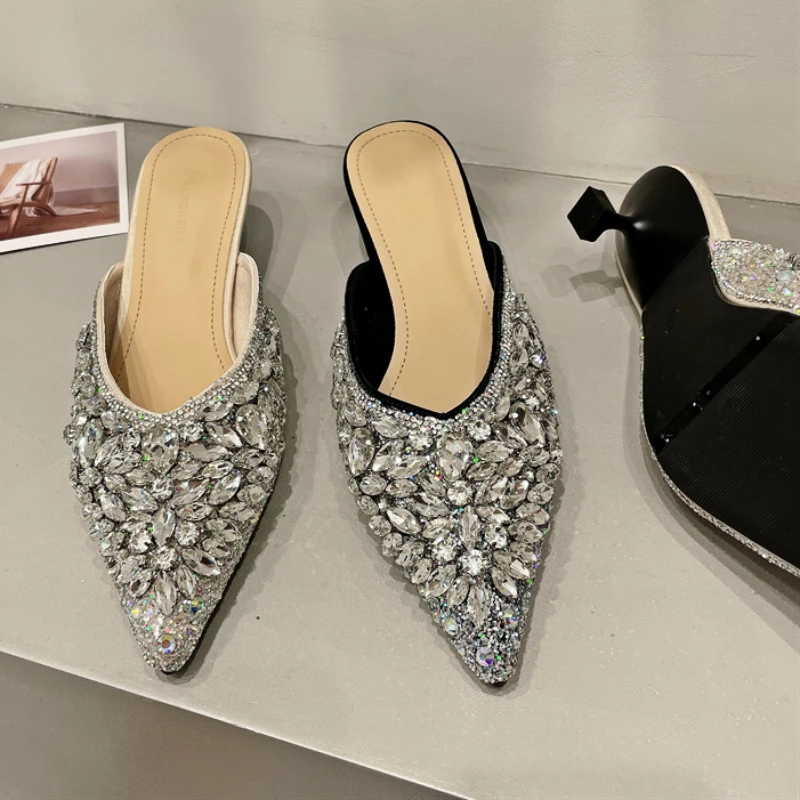 Luxury Rhinestone Sandals Women Slingback Slippers Female Fashions Low Heel Flip-flops Shiny Pointed Pumps Women Mule Slippers