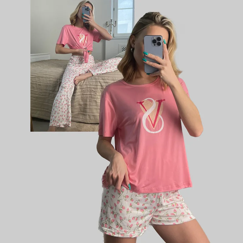 Ladies Three-Piece Pajamas Women Spring And Autumn Summer Home Leisure Short-Sleeved Trousers Printed Ladies Pajamas Homewear