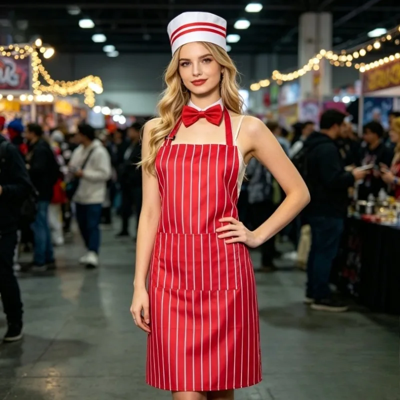 1950s Waitress Waiter Costume Set Red White Stripe Apron Hat Bow Tie for Hotel Restaurant Halloween Cosplay Party Uniform