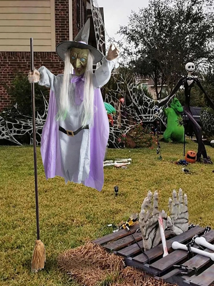Decorações de bruxa voadora com olhos luminosos, bruxa voadora de halloween em vassoura, decoração animatrônica, bruxa voadora para ambientes internos e externos