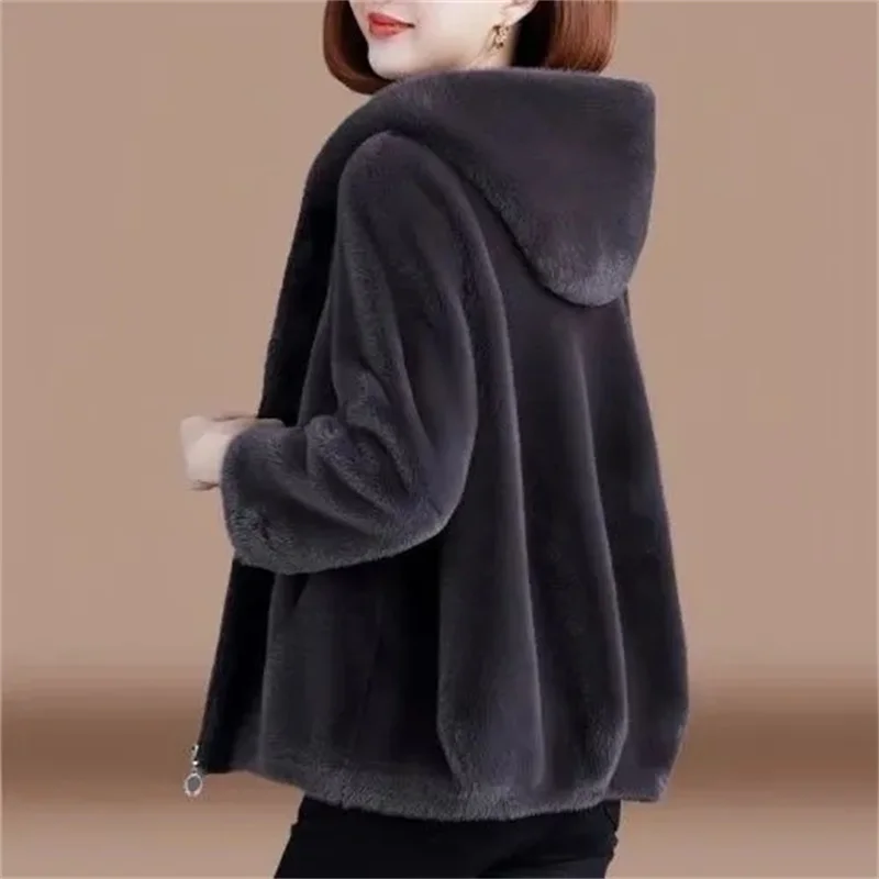 Black Hooded Short Fur Coat for Women's Autumn Winter High-end 2026 Fashion Temperament Imitation Fur Coat Female Warm Outwear