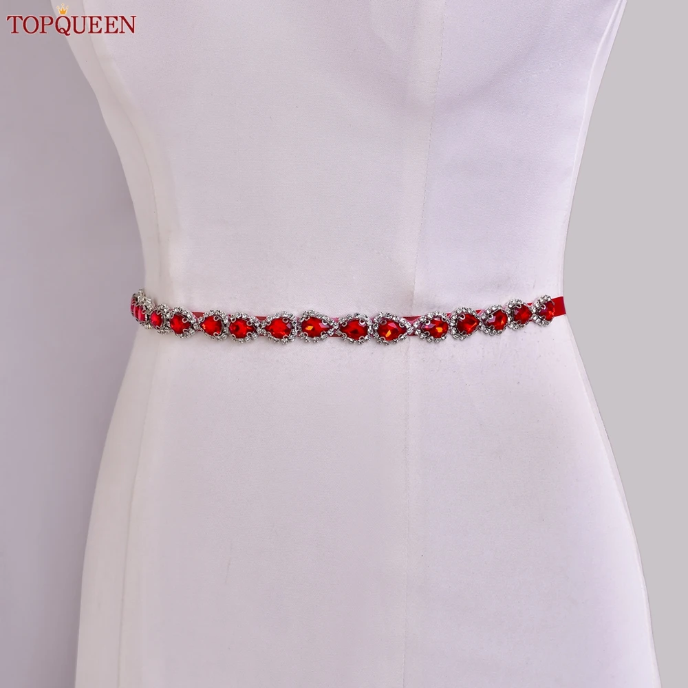 TOPQUEEN-Cinturón largo de boda con piedra roja, vestido Formal, vestido de noche, accesorios de cintura, banquete hecho a mano, faja fina para mujer, S190-rojo