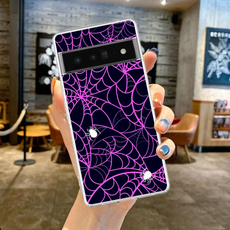 เคสโทรศัพท์สำหรับ Google Pixel 9 8 7 Pro 8A 7A 6A 6 Pro XL 5 4 5A 4A 3A 5G  แบบนิ่ม TPU ใส ลายใยแมงมุมสีดำ