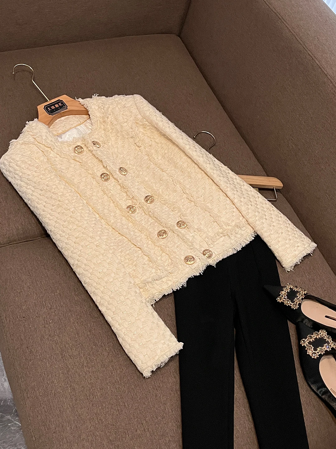 Ele Briti Sle Abrigo cruzado para mujer Abrigo con borlas hecho a mano Material de lana trenzada Ropa de oficina Largo Sve V-Ne