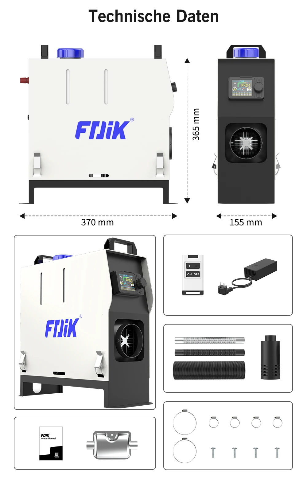 FDIK 230V 8 kW Dieselheizung mit Bluetooth-App; inklusive Netzteil und Fernbedienung; 12V/24V-Standheizung. – Detail 6
