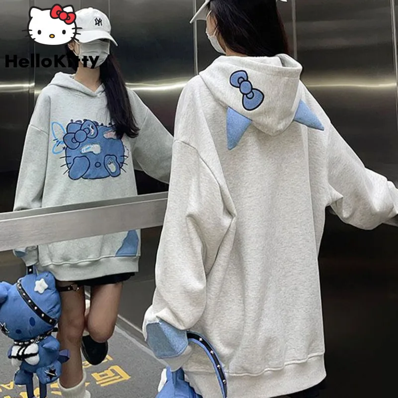 Sanrio Hello Kitty Unique Hat Design Female Autumn Hoodie Korean Style New Patchwork Embroidery Loose Casual Versatile Pullovers