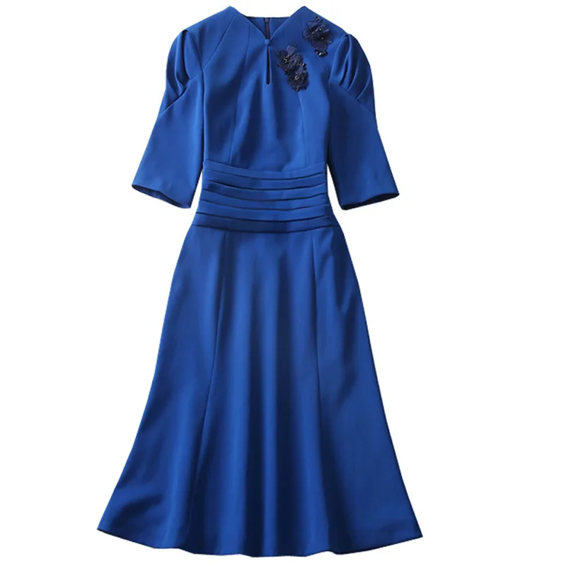 

Women O-Neck Dress Blue Solid Appliques A-Line Dress