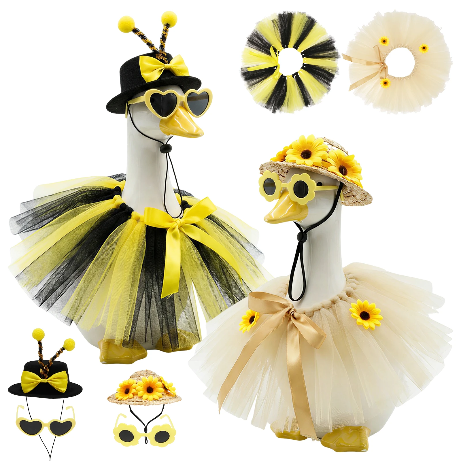 2 Set Porch Goose Outfit Spring Bee and Sunflower Cement Goose Statue Dress Up Costume Garden Geese Statue Tulle Skirt Clothing