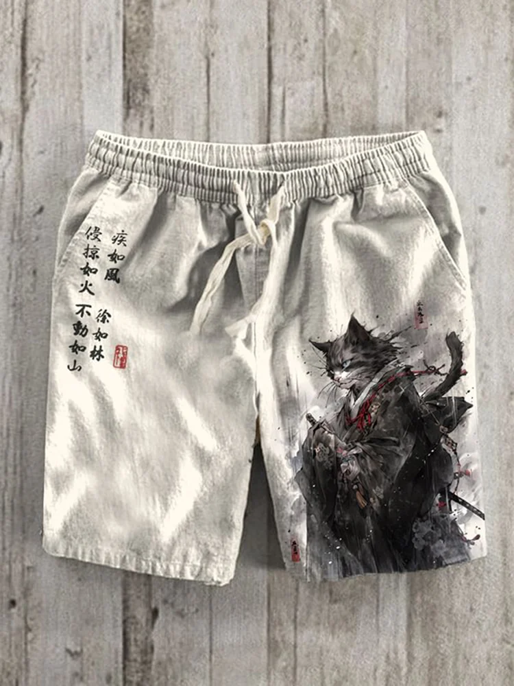 Casual Strandshorts Met Kattenprint Voor Heren Met Zak, Zomer Dagelijkse Buitensportshorts Voor Heren, Groot Formaat, Losse Vakantiebroek