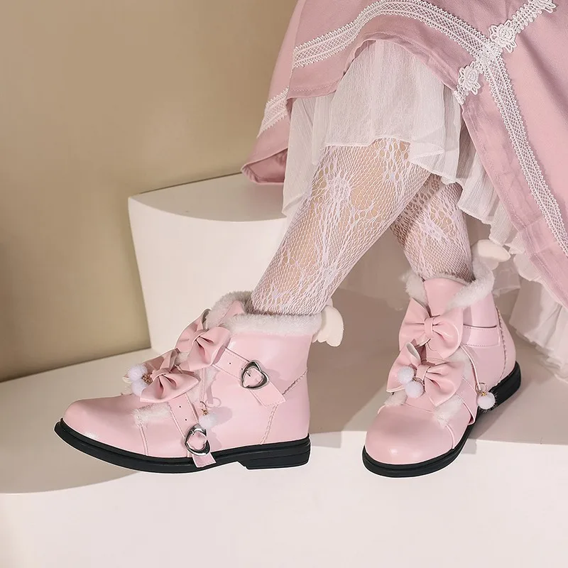 Sweet Winter Japanese Lolita Boots Fluffy Round Toe Kawaii Anime Cosplay Women Shoes Ankle Boots Warm Fur Loli Booties Pink 2023