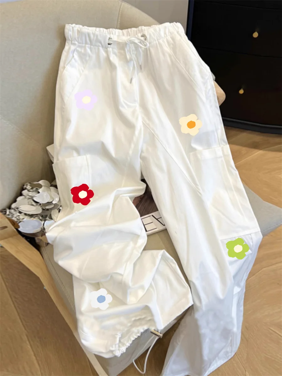 

Retro American Floral Print Work Pants Men Women Summer Trendy Design Loose Straight Leg Long Trousers High Waist Elastic