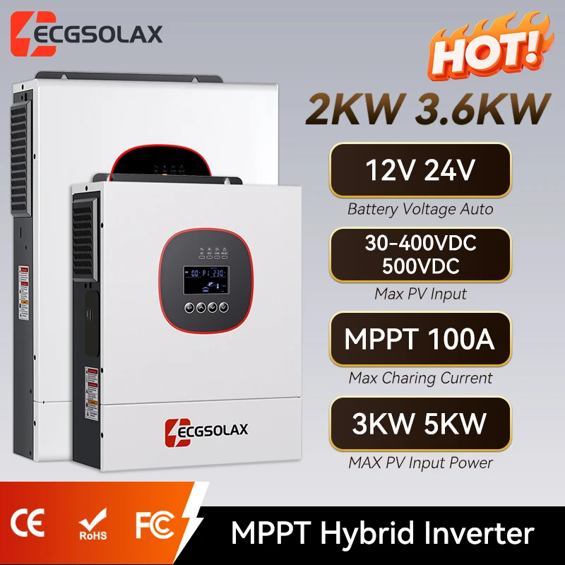 ECGSOLAX 3.6KW 2KW Hybrid Solar Inverter 24V 12V 230V Off-grid Solar Hybrid Inverter With 100A MPPT Charge Controller PV Max500V