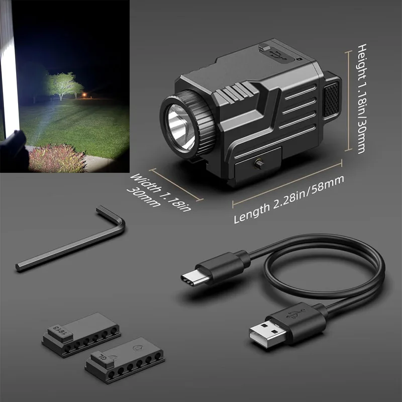 

Rechargeable 800 Lumens Tactical Pistol Flashlight Compact Gun Light with Picatinny And GL Rails Strobe Mode