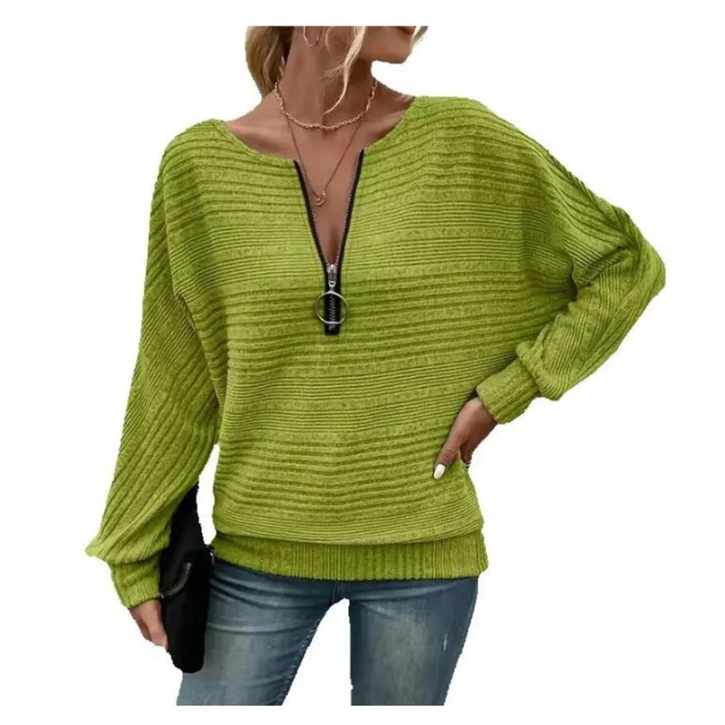 Fashion Solid Long Sleeve Zip Up T Shirts For Women Loose Tee Tops Casual Solid Color V Neck Women T-Shirts