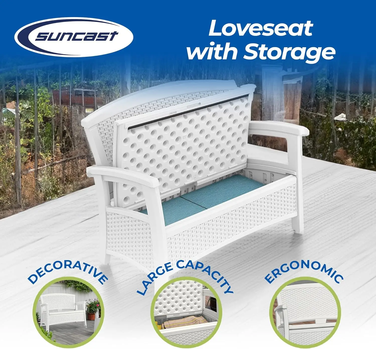 Elements Stylish Lightweight Loveseat Outdoor Seating with Convenient Built In Universal Storage, and All Weather Plastic, White