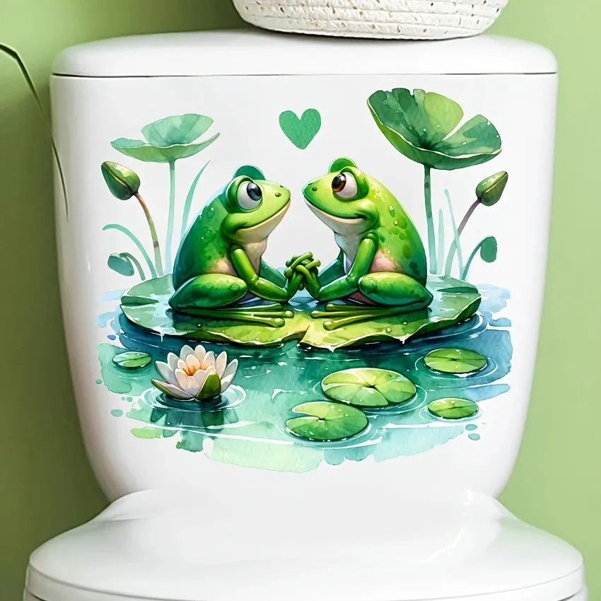 MT1379# Frog Couple with Lotus Flowers & Leaves Bathroom Decoration Sticker Self-Adhesive, Suitable Home & Toilet Decor