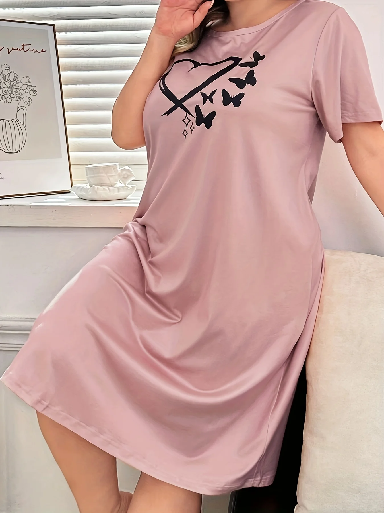 Summer Women's Plus Size Short Sleeve Sleep Dress Heart & Butterfly Print Soft Pink Round Neck Breathable and Comfort Dress