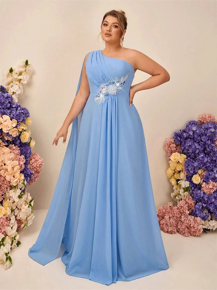 Plus Size One Shoulder Water Blue Chiffon Applique Banquet Evening Dress Luxury Wedding Banquet Floor-Length Evening Dress image 4