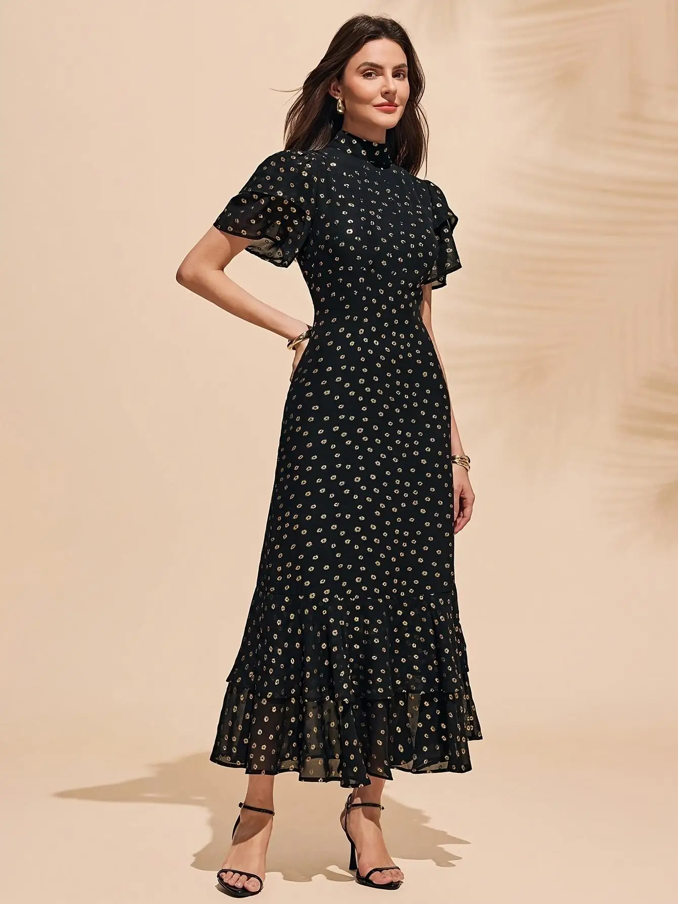 Elegant Ladies Gold Embossed Chiffon Dress Sophisticated Women's Fashion Casual Maxi Skirt with Pockets view 5