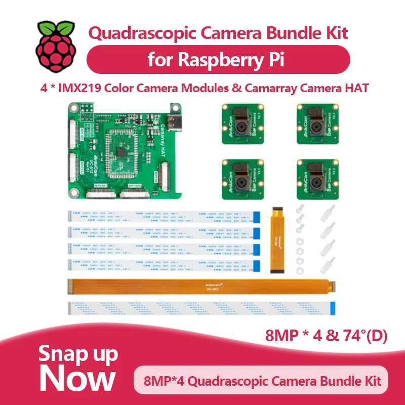 

Quadrascopic Camera Bundle Kit for Raspberry Pi, Nvidia Jetson Nano, Four IMX219 Color Camera Modules and Camarray Camera HAT