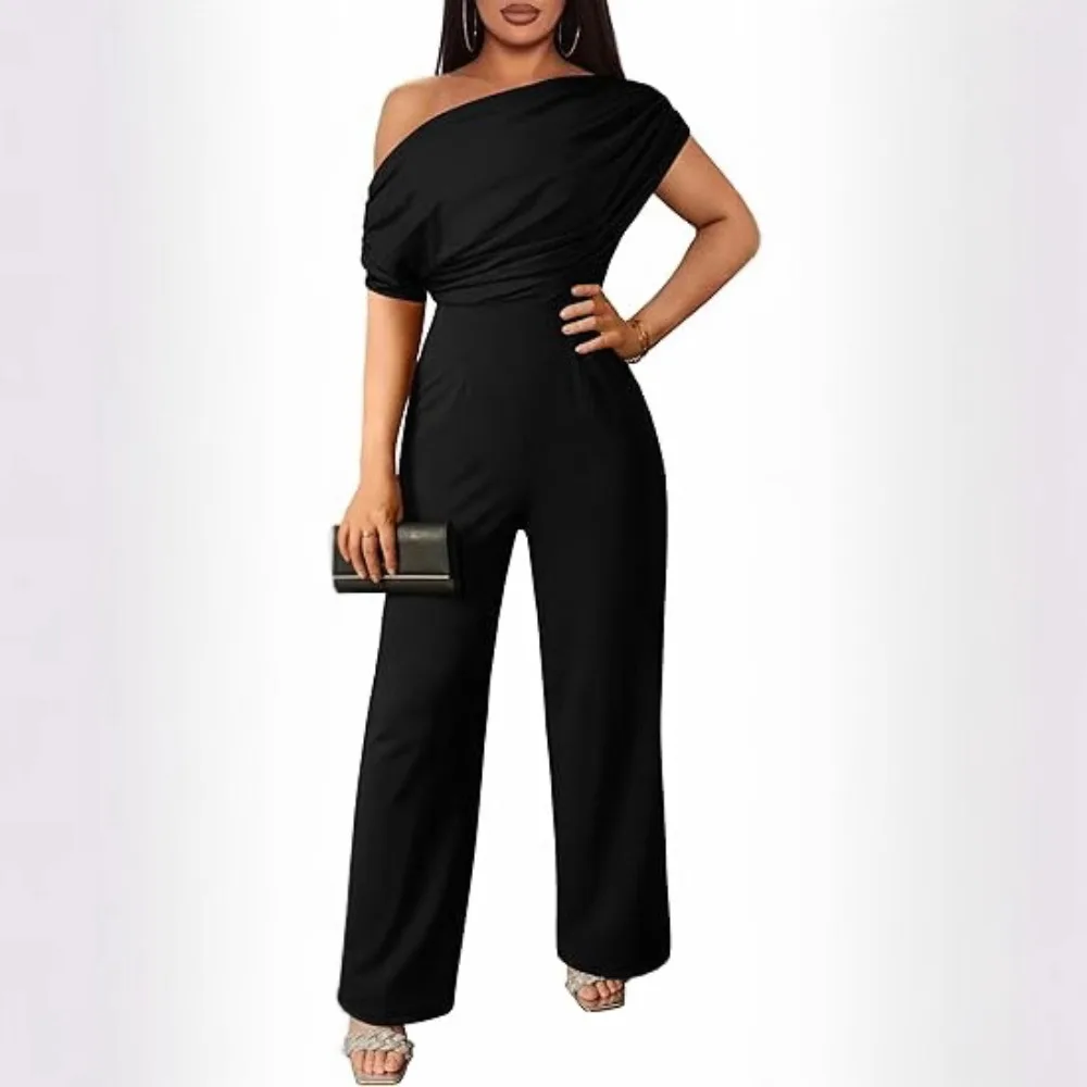 Elegant Ladies Casual Sleeveless Off Shoulder Wide Leg Jumpsuit, Solid Color Fashion One Piece Outfit for Daily Holiday