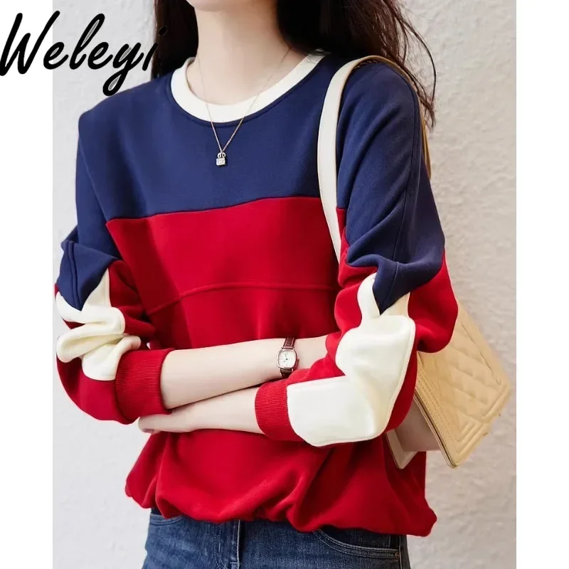 

Women's Crew Neck Color Matching Sweatshirt Autumn Winter Casual Loose Versatile Cotton Warm and Thickened Tops Bottoming Shirt